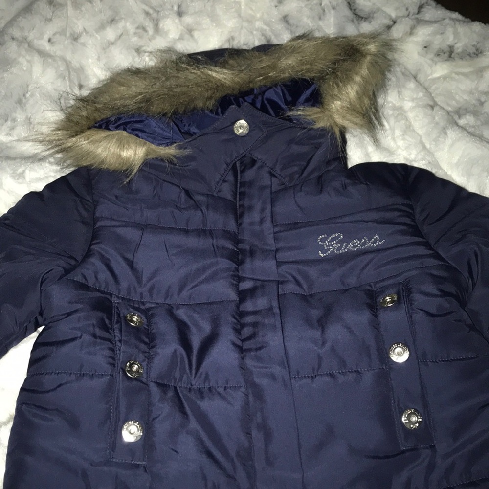 NWT GUESS Girls Sz 12 Puffer Jacket w/ Fur & BLING - Picture 2 of 5